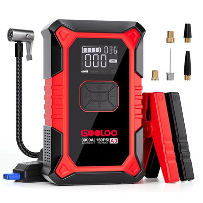 Portable Jump Starter with Air Compressor, 3000A Peak 12V Car Battery Booster for up to 9.0L Gas / 6.5L Diesel, 150 PSI Tire Inflator