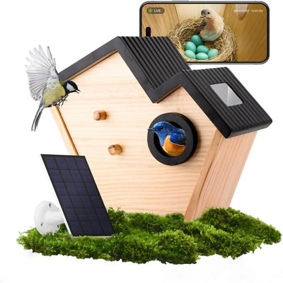 Birdhouse Camera, Solar Powered Wooden Bird House with 2K Live Feed Camera, AI Bird Identification, Wall, Fence, Pillar & Tree Mount