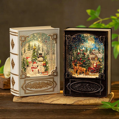 Christmas Snow Globe Music Box - Musical Lighted Snow Globe Night Light, Book or Panorama Style, USB Powered