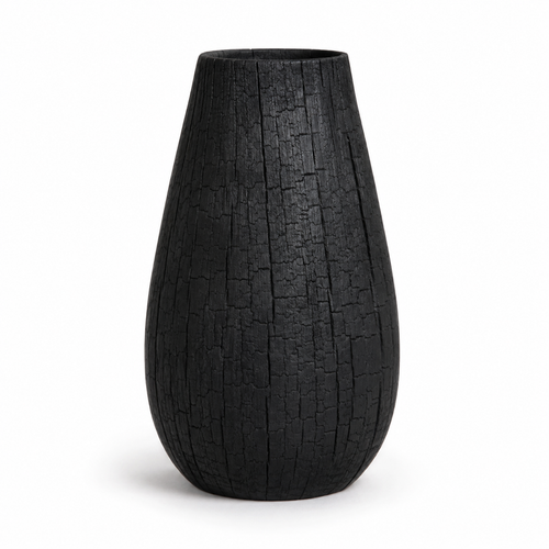 Front view of charcoal textured ceramic vase with black finish
