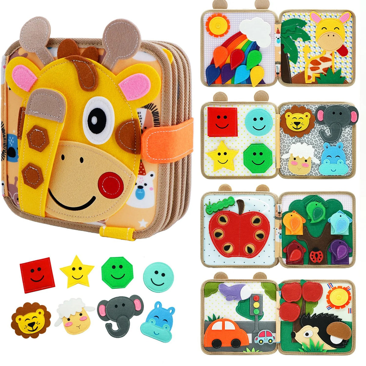 Busy Book for Toddlers - Soft Felt Quiet Book in Giraffe, Train, Farm or Puppy Theme, Portable Senso #g01_Sb