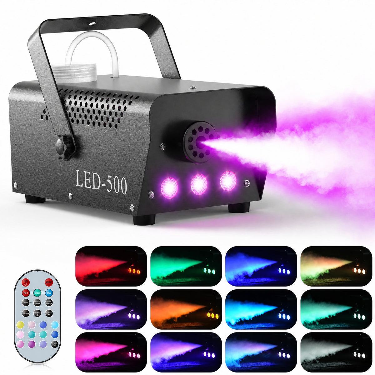 Smoke Machine 500W with 3 RGB LED Lights and Remote Control - Compact Fog Machine, 14 Color Effects, #k_g02_