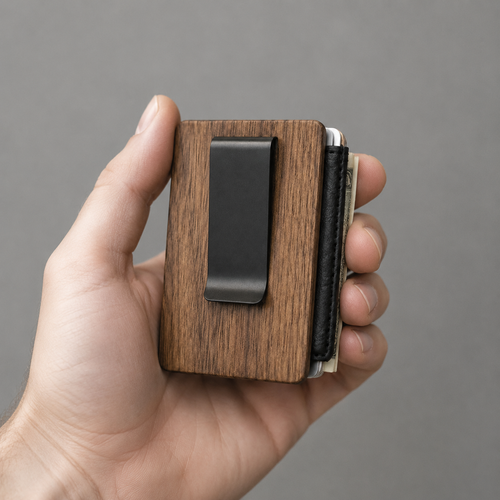 Side view highlighting the wallet's slim profile.