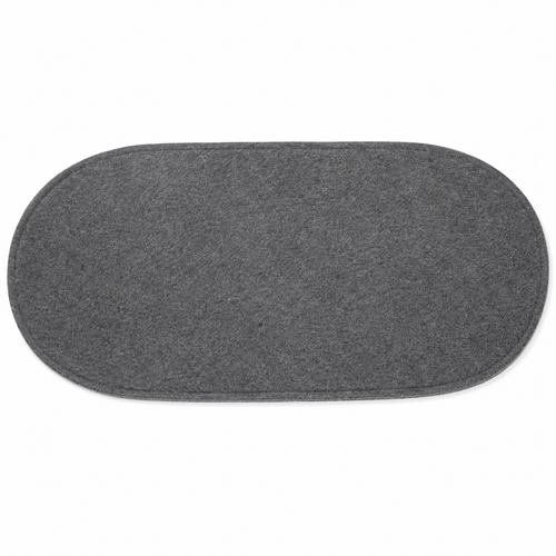Felt oval table placemat in dark gray, top view.