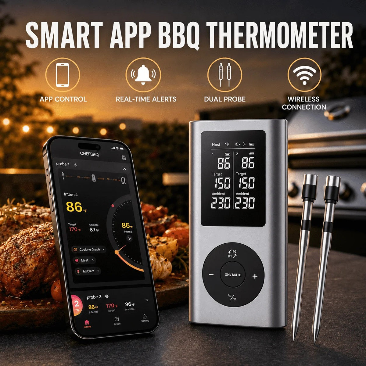 Wireless Meat Thermometer with 2 Probes & Backlit LCD Host, Up to 800 ft Bluetooth Range, Rechargeab #g01_Sb