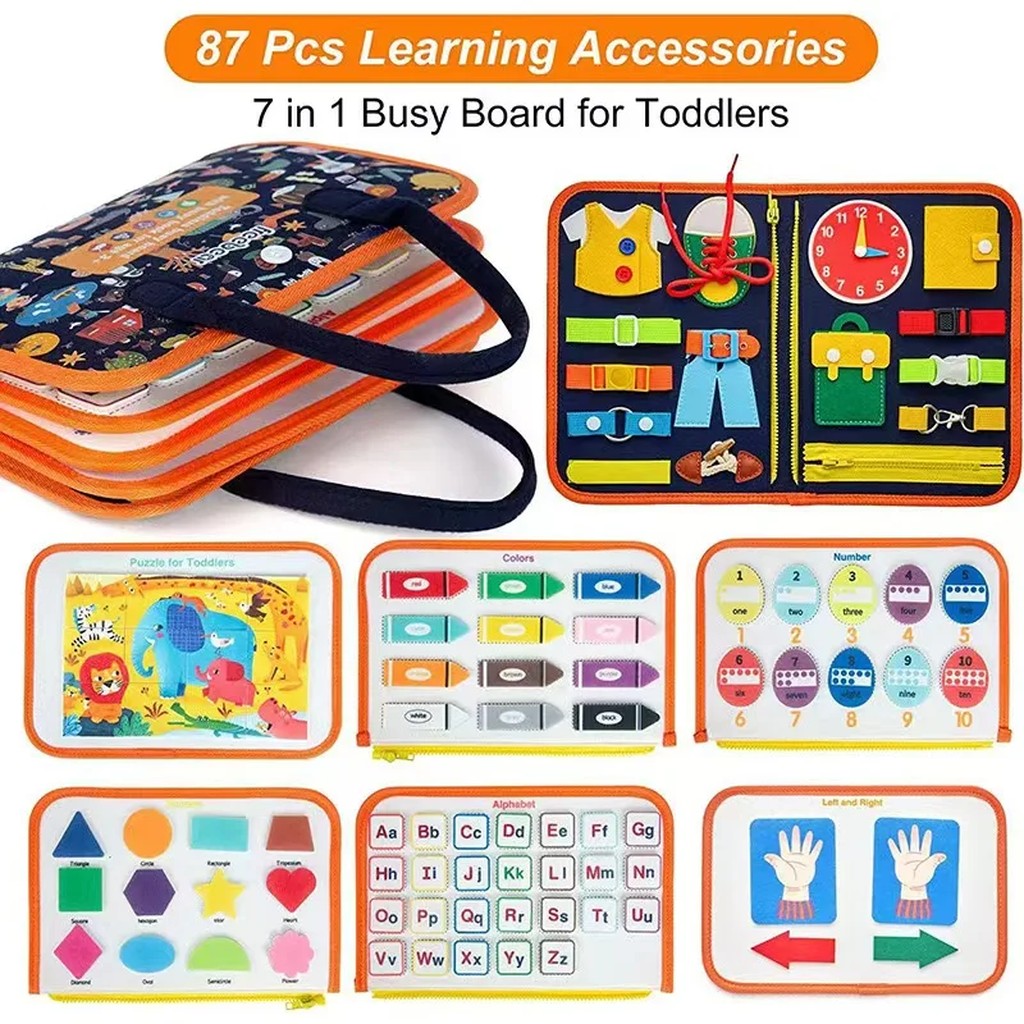 Montessori Busy Board 7 in 1 - Toddler Busy Board Bag with 87 Learning Pieces: Alphabet, Numbers, Co #g03_S3