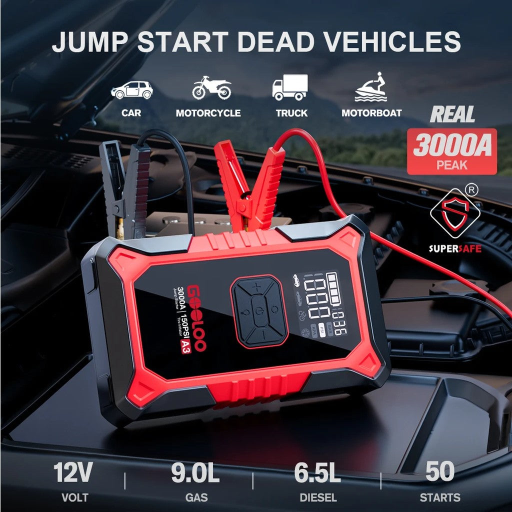 Portable Jump Starter with Air Compressor, 3000A Peak 12V Car Battery Booster for up to 9.0L Gas / 6 #g03_Sf