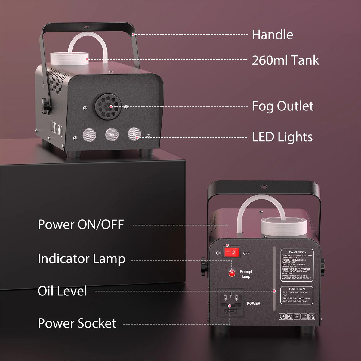 Smoke Machine 500W with 3 RGB LED Lights and Remote Control - Compact Fog Machine, 14 Color Effects, #g04_S3