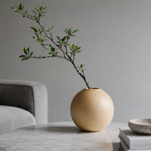 Side angle of wooden round vase showing smooth surface.