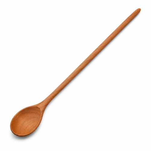 Wooden cooking spoon with long handle on white background
