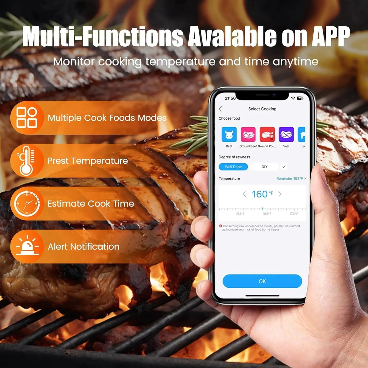 Wireless Meat Thermometer with 500 ft Bluetooth Range, Rechargeable Probe, Magnetic Signal Booster D #g02_Sd