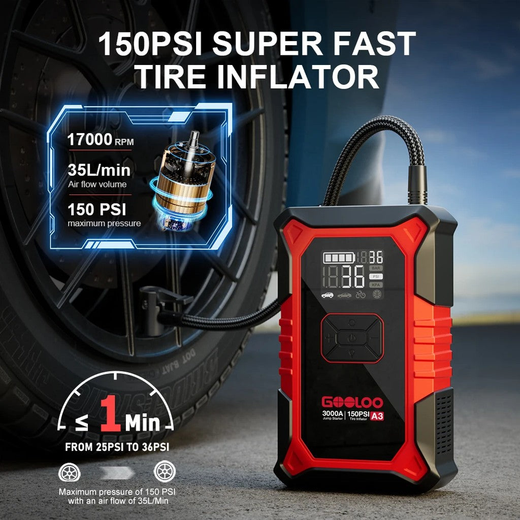 Portable Jump Starter with Air Compressor, 3000A Peak 12V Car Battery Booster for up to 9.0L Gas / 6 #g04_Sd