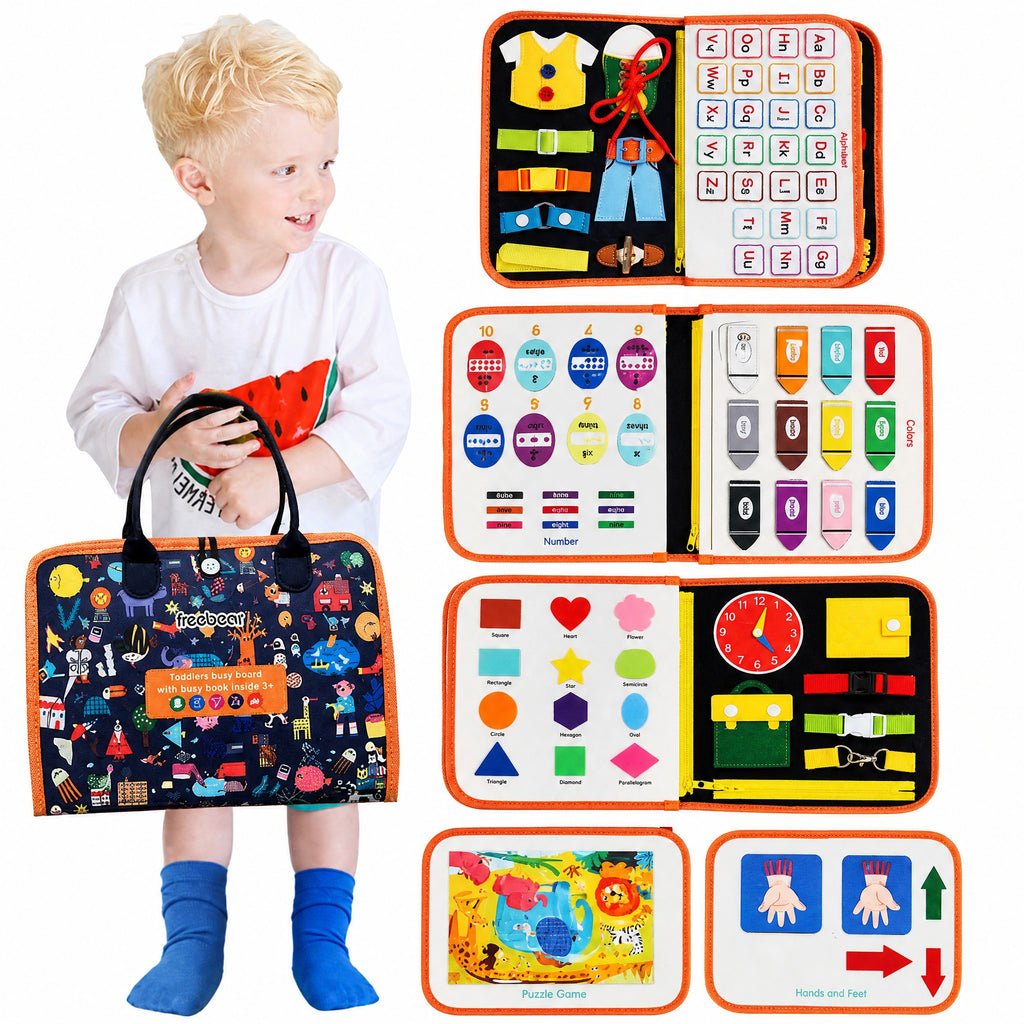Montessori Busy Board 7 in 1 - Toddler Busy Board Bag with 87 Learning Pieces: Alphabet, Numbers, Co #r_d01_
