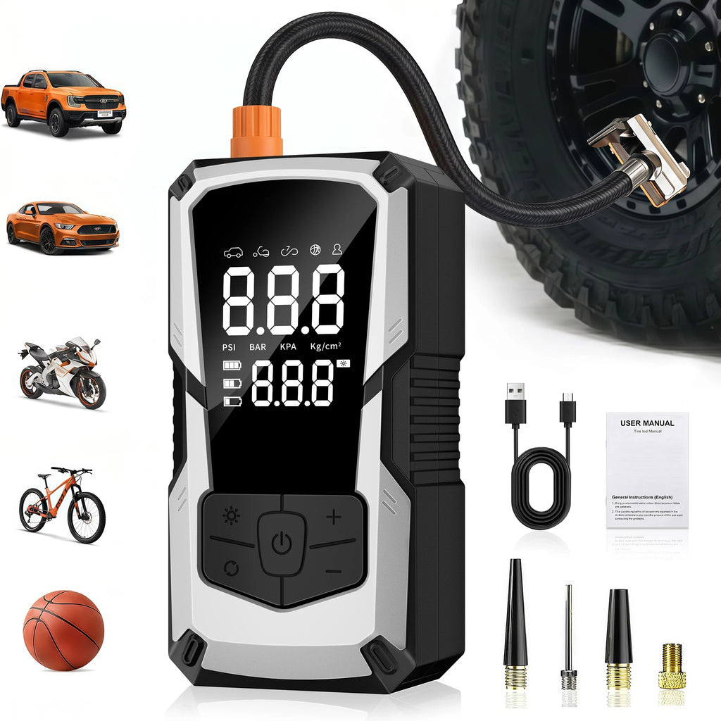 Portable Tire Inflator, Cordless Car Air Compressor 150 PSI with Digital Pressure Gauge, LED Light & #s_Sfba