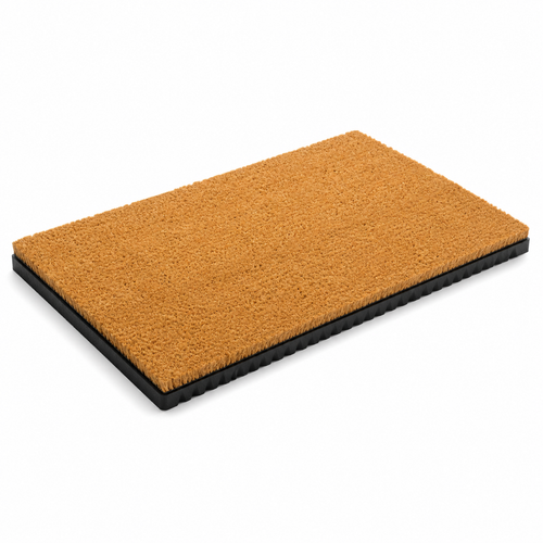 Natural coir door mat with rubber base, angled view