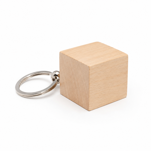 Wooden cube keychain with metal ring