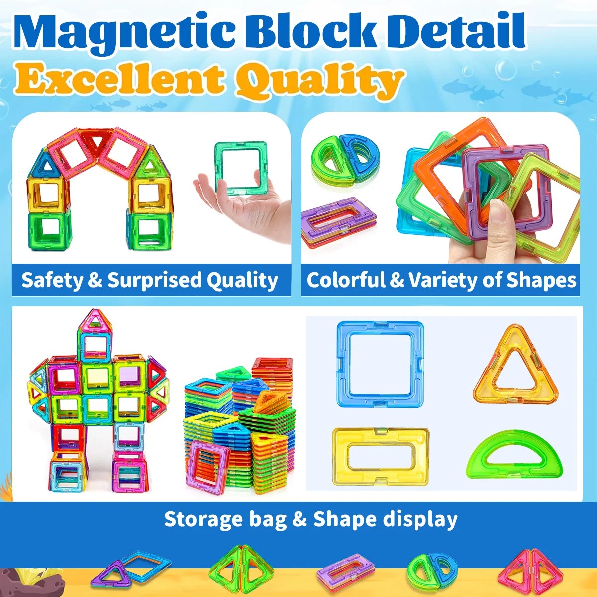 Magnetic Tiles Building Set for Kids - Medium Size Magnetic Blocks with Triangles, Squares & More, S #d05_Sc