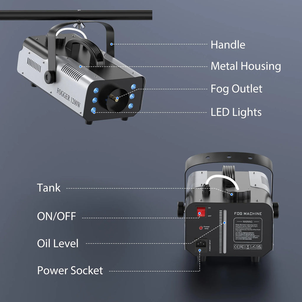 Fog Machine 1200W with 6 LED Lights and Wireless Remote - 12 Colors and Strobe, 1L Tank, Auto Fog Cy #g05_S9