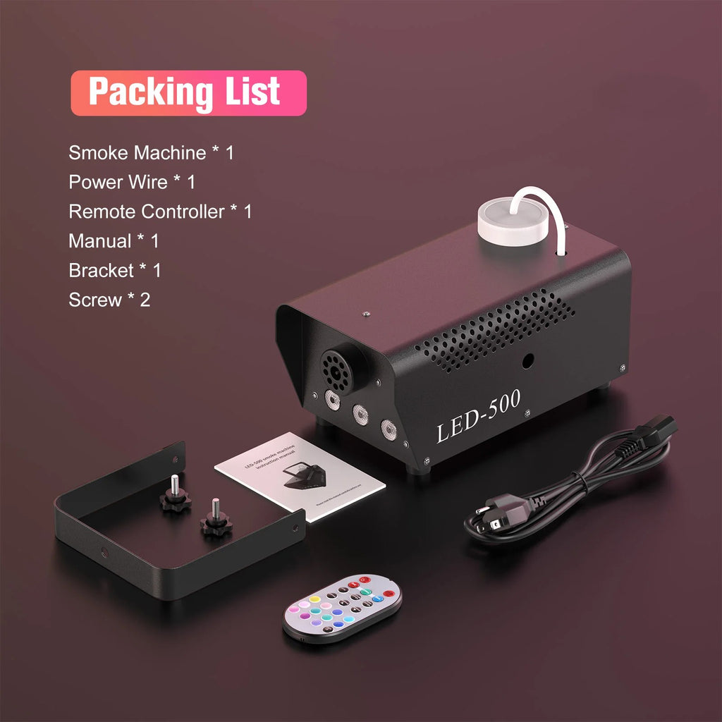 Smoke Machine 500W with 3 RGB LED Lights and Remote Control - Compact Fog Machine, 14 Color Effects, #g06_Sd