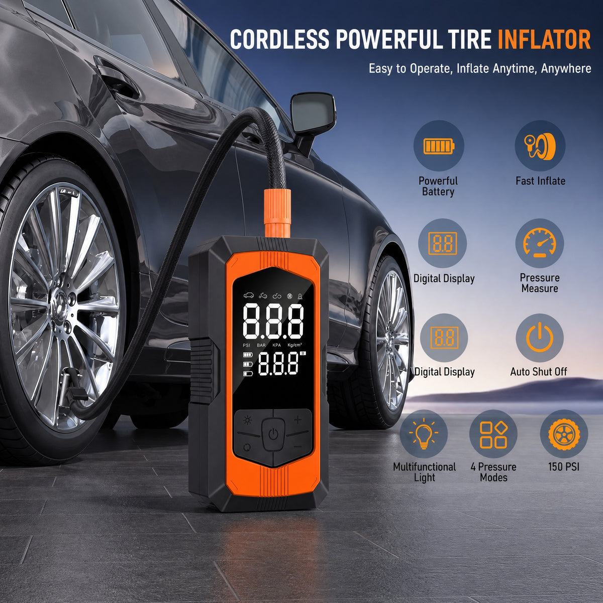 Portable Tire Inflator, Cordless Car Air Compressor 150 PSI with Digital Pressure Gauge, LED Light & #r_d05_