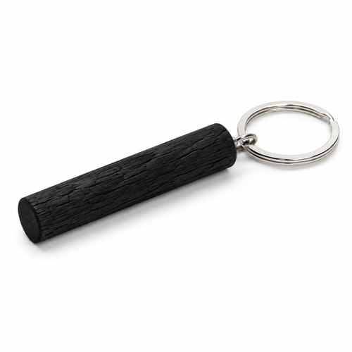 Black wooden keychain with metal ring.