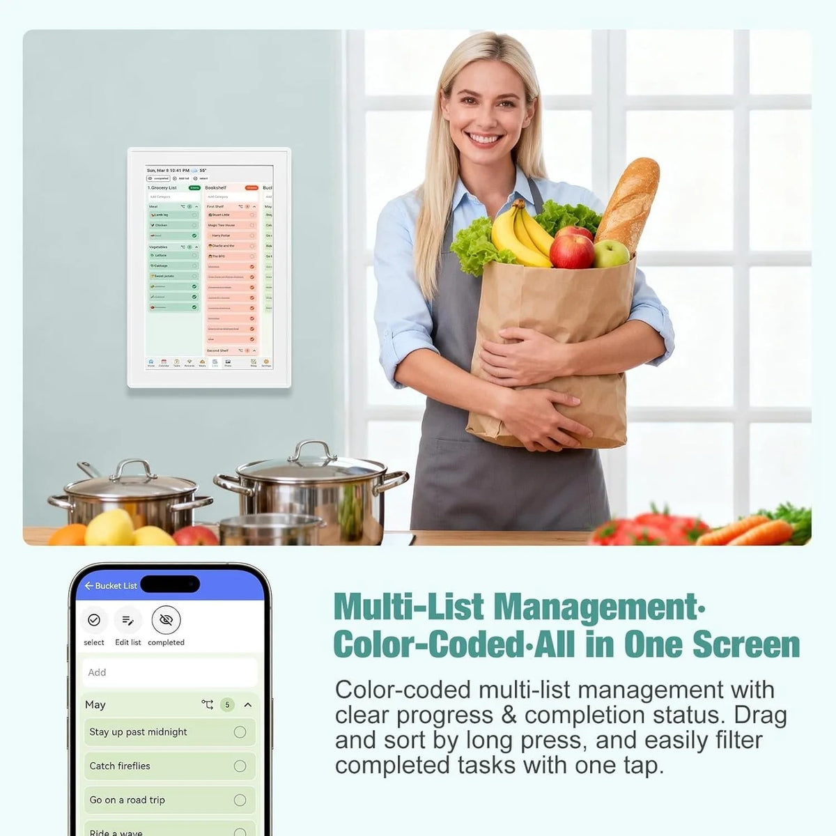 Digital Wall Calendar 10.1 Inch Touch Screen with Two-Way Google & iCloud Sync, Shopping List, Messa #g06_S4