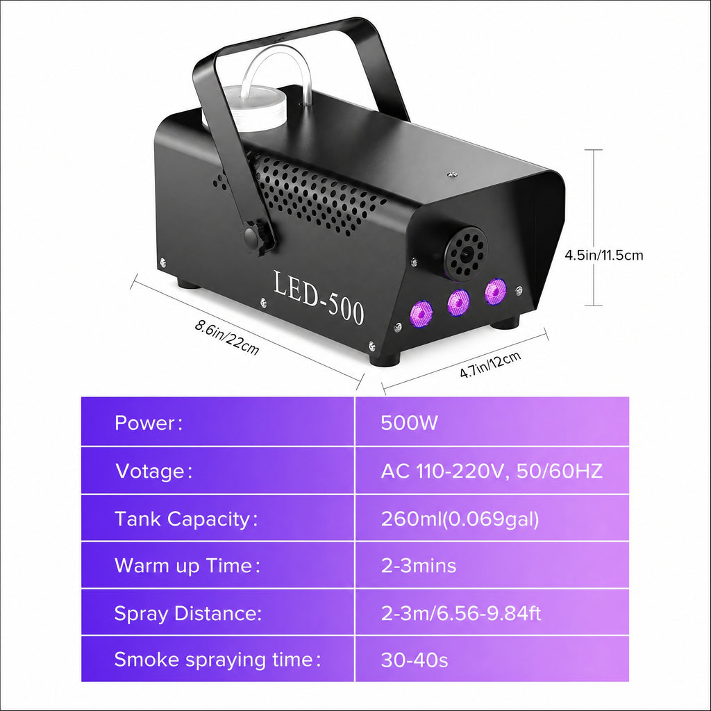 Smoke Machine 500W with 3 RGB LED Lights and Remote Control - Compact Fog Machine, 14 Color Effects, #r_d06_