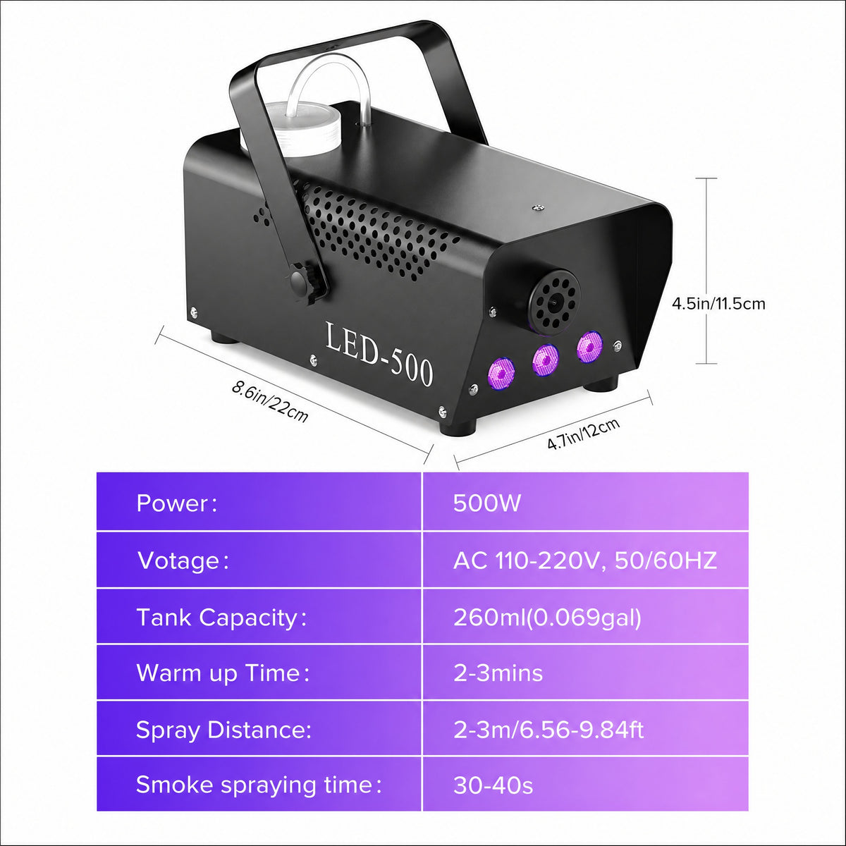 Smoke Machine 500W with 3 RGB LED Lights and Remote Control - Compact Fog Machine, 14 Color Effects, #r_d06_