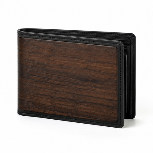 Front view of shopaverly men's wallet with wood and leather design.