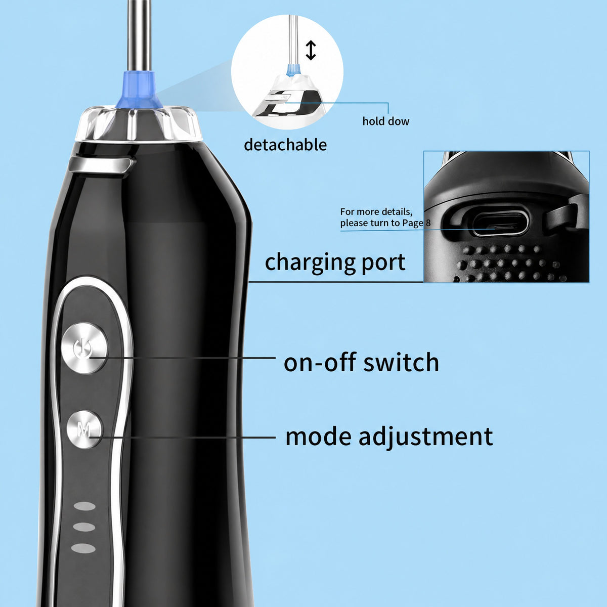 Water Flosser Cordless Rechargeable - Portable Oral Irrigator with 5 Modes, 5 Nozzles, 300 ml Tank,  #r_d03_