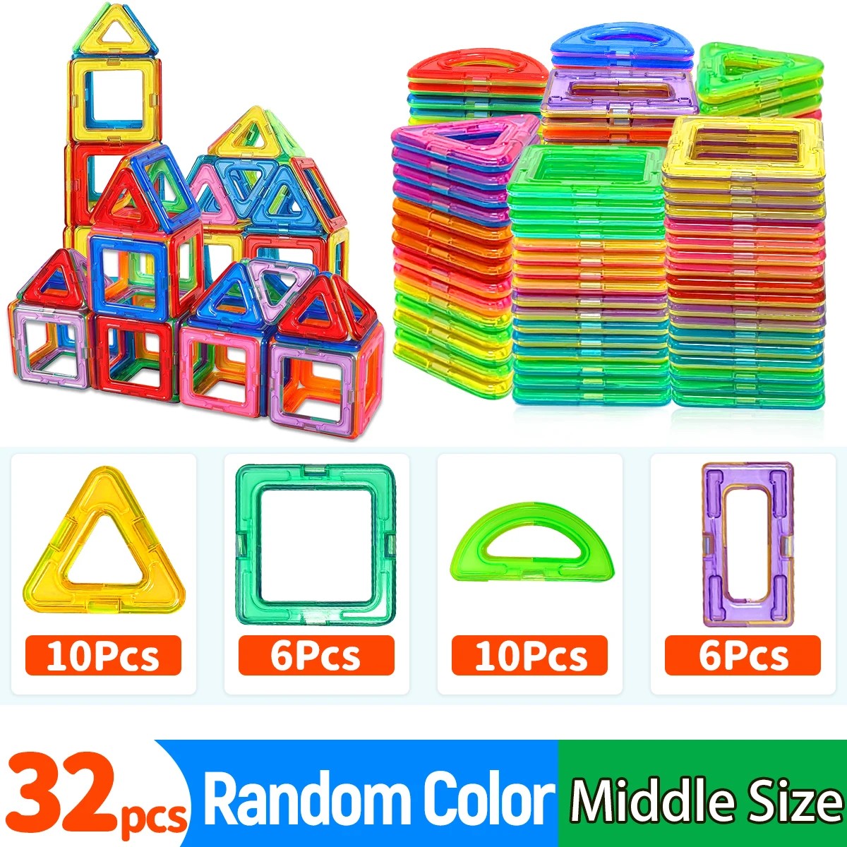 Magnetic Tiles Building Set for Kids - Medium Size Magnetic Blocks with Triangles, Squares & More, S #s_S3fe