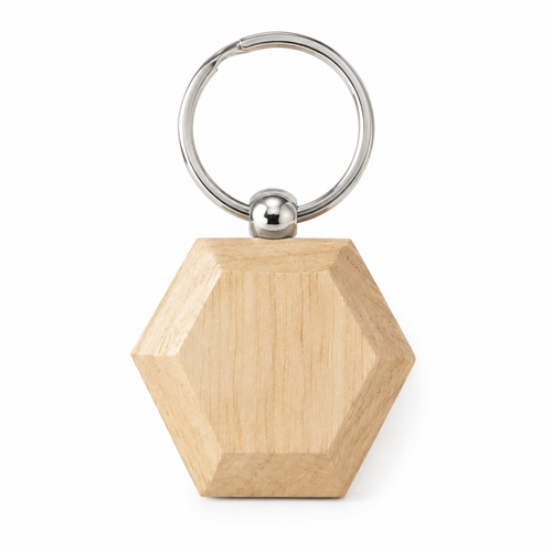 Hexagonal wooden keychain with metal ring.