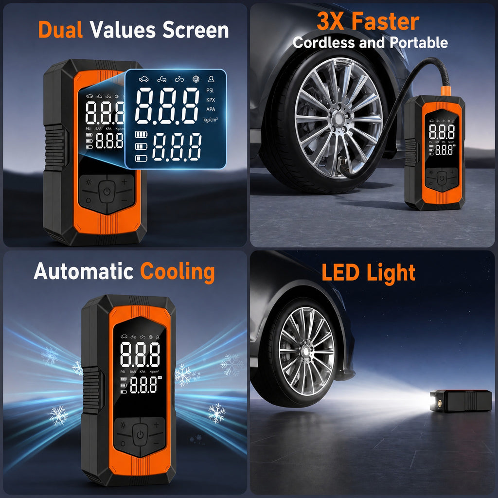 Portable Tire Inflator, Cordless Car Air Compressor 150 PSI with Digital Pressure Gauge, LED Light & #r_d06_