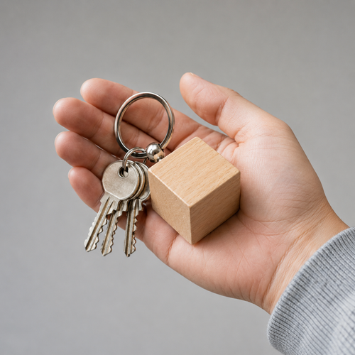 Natural wood cube keychain side view