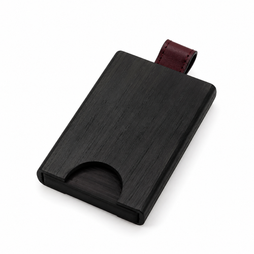 Front view of black wooden card holder with leather strap