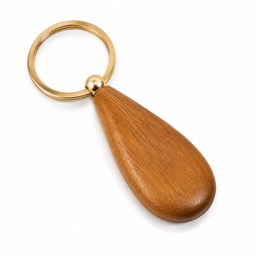 Wooden teardrop keychain with brass ring, front view.