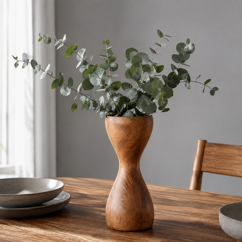 Side view of elegant wooden vase in hourglass shape.