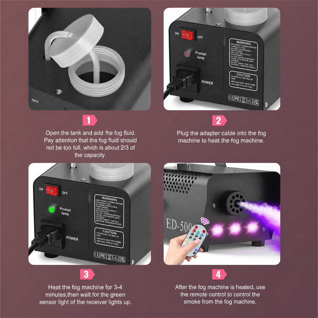 Smoke Machine 500W with 3 RGB LED Lights and Remote Control - Compact Fog Machine, 14 Color Effects, #r_d05_