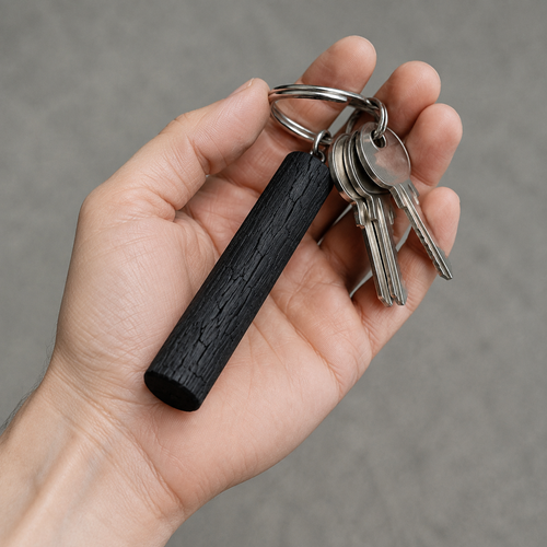 Side view of charcoal keychain.