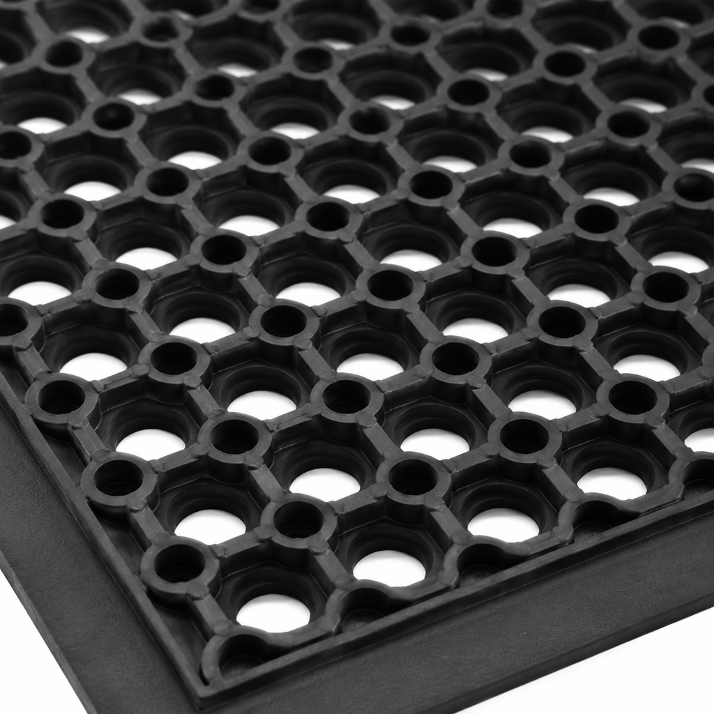 Durable rubber floor mat with drainage holes.