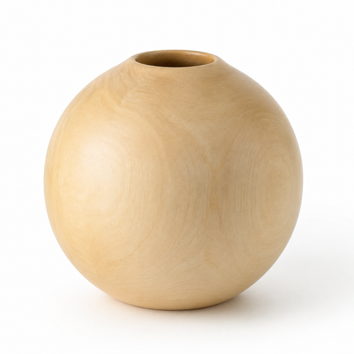 Front view of wooden decorative round vase with natural finish.