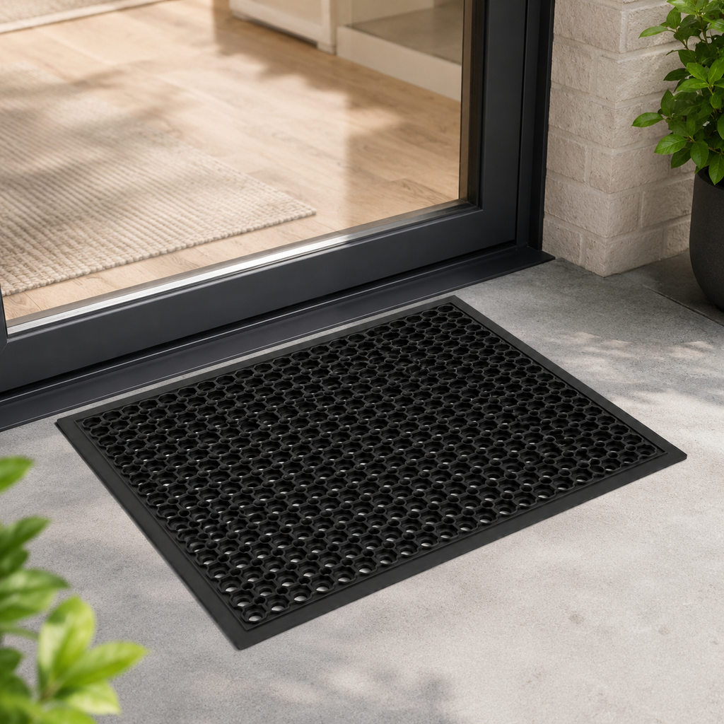 Close-up of drainage holes in rubber floor mat.