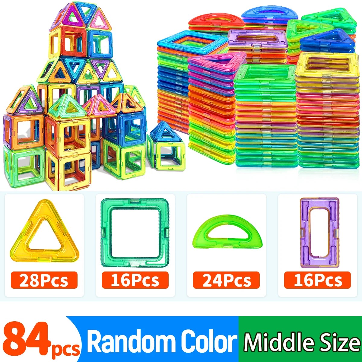 Magnetic Tiles Building Set for Kids - Medium Size Magnetic Blocks with Triangles, Squares & More, S #s_S3a1