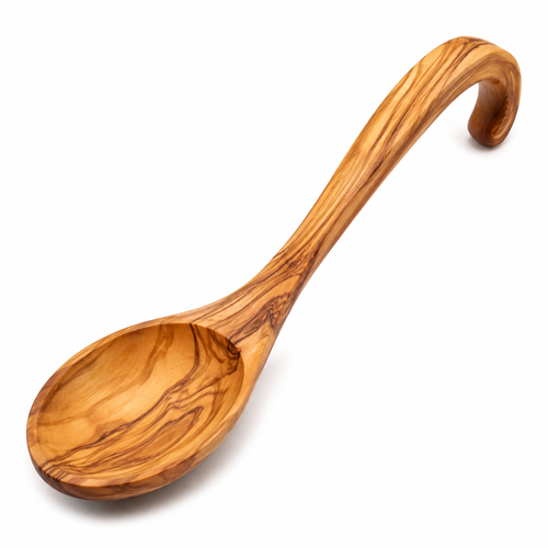 Olive wood cooking spoon with ergonomic handle.