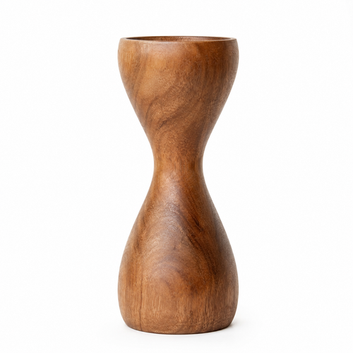 Front view of wooden hourglass vase with natural finish.