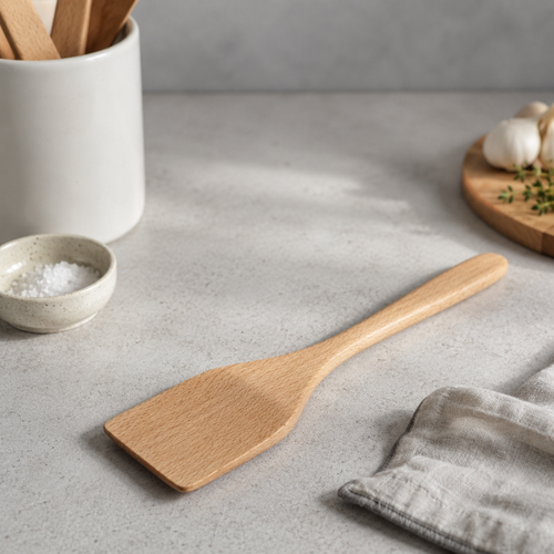 Ergonomic beechwood spatula for kitchen use.