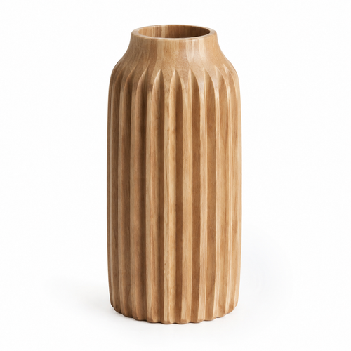 Wooden carved decorative vase with natural finish.