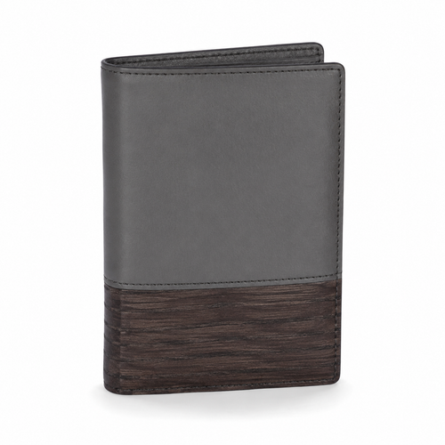Front view of shopaverly leather passport holder with wood accent.