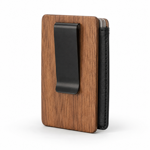 Front view of the minimalist wood and leather wallet with metal clip.