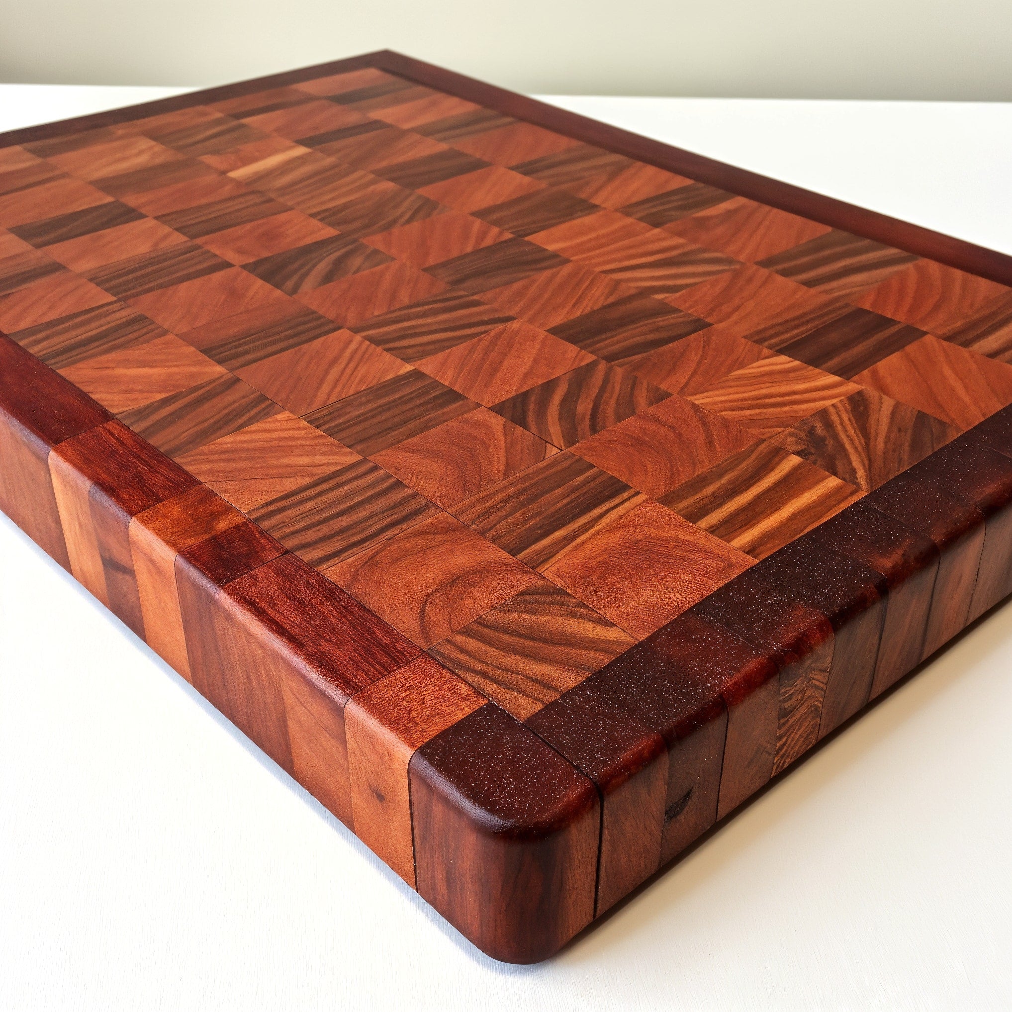 Shopaverly Padauk Elegant Butcher Block — three-quarter angled view showing full top face and front edge thickness